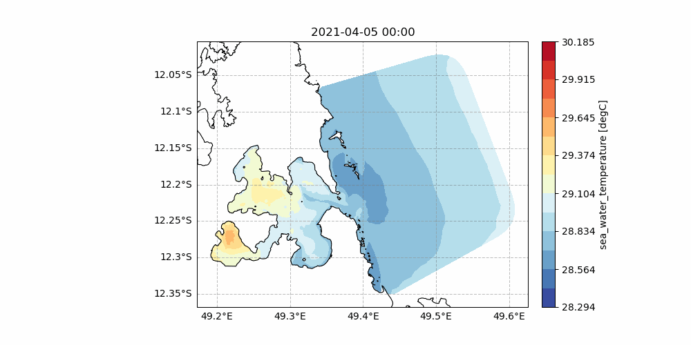 Example of high-resulution temperature forecast in the Antsiranana Bay (Madagascar).